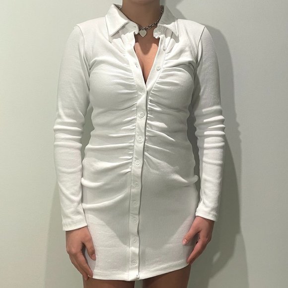 White Ribbed Long Sleeve Ruched Mini Dress - Picture 1 of 6
